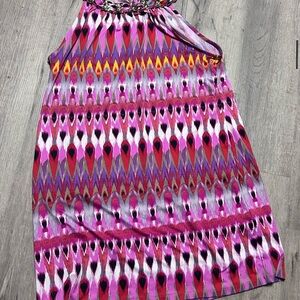 NWOT MSK Ikat-style Patterns and Embellis Print Halter Dress w/ Chain Neck XL